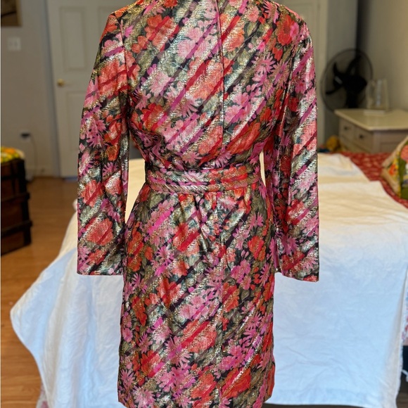 Pink Metallic Floral Long Sleeve Belted Dress From British Designer Dynasty - Picture 5 of 9